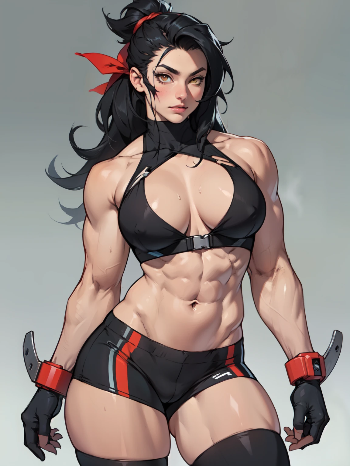 solo standing skintight ((muscular girl perfect anatomy)) toned body massive breasts yellow eyes black hair pale skin