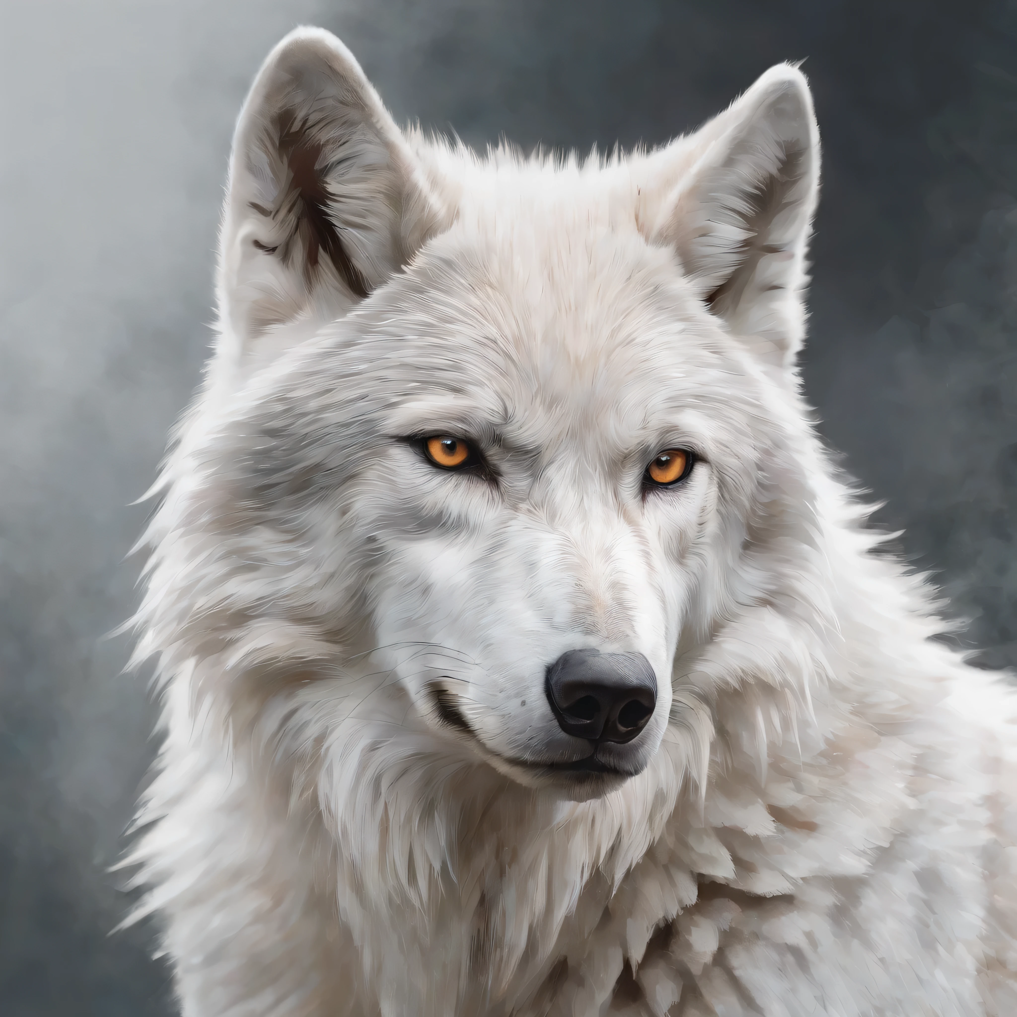 portrait of a white wolf and large, piercing, fixed gaze drawn in the style of concept art found in the Metal Gear Solid art book. Focus on the abstract, Impressionistic and gestural elements, Utilisation des rayures, Stains and dry brushing to create a sense of movement and texture in the image. Explore the wolf's collarbone and shoulders, Highlight details like wings and feathers that evoke an ethereal feeling.
Utilisez une palette de couleurs qui comprend des nuances de noir, blanc, lilas, copper and gold to create a vivid and mysterious contrast. Make sure the image is abstract, with broken edges and a high-definition feel. Try to capture the essence of the Ghost Wolf while incorporating stylistic and technical elements from concept art from the Metal Gear Solid art book. Use watercolor to add depth and detail to the image.