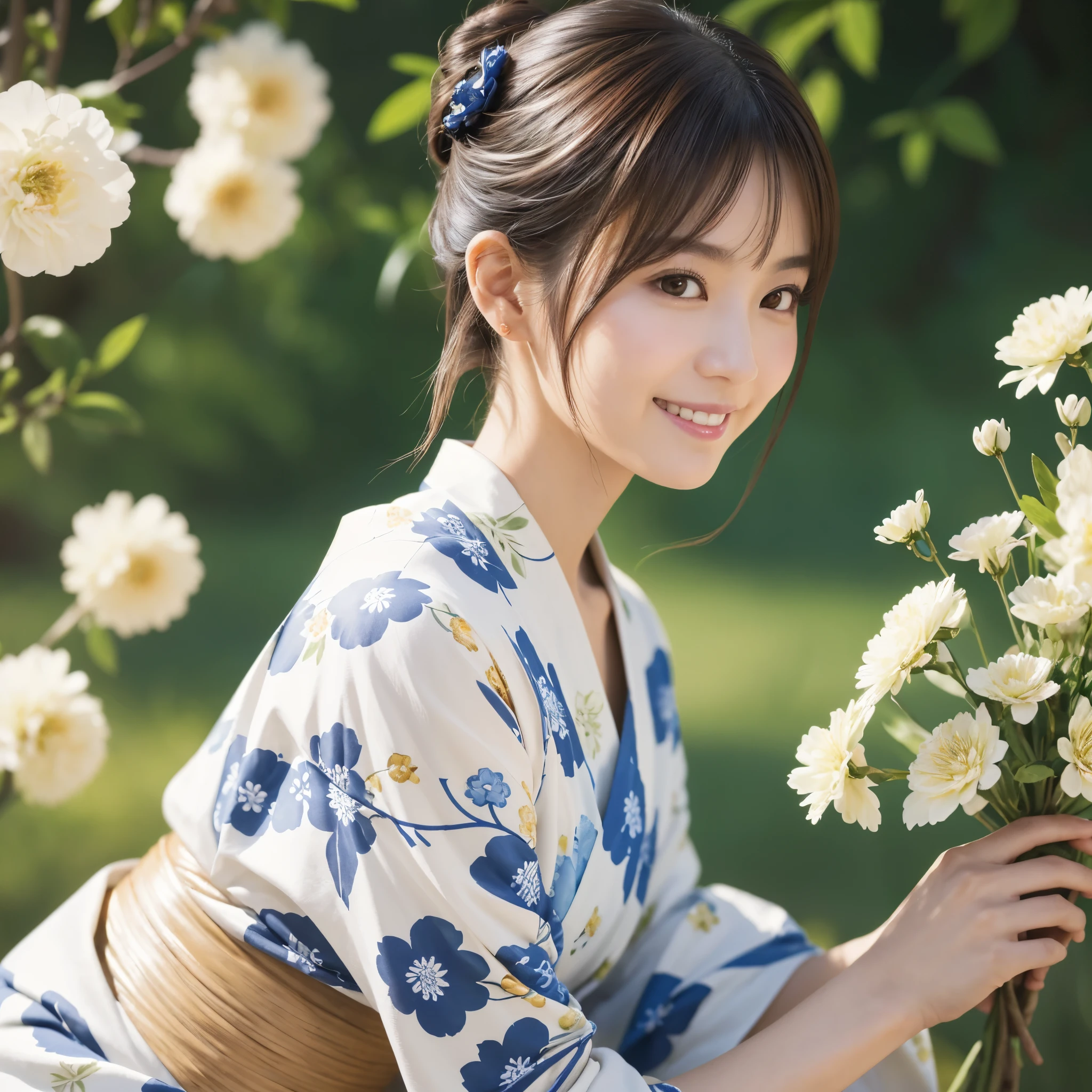 (1 Sexy Woman, Solo, Brown Hair, bun, Flower Hair Ornaments, White Floral Pattern Yukata, Smile:1.4), (Detailed Eyes, Beautiful Legs, Beautiful Eyes, glossy lip, Thigh, cleavage, Smile:1.2), (From Side, Cowboy Shot:1.2), (Summer Fastival, Clear Sky, blurred background:1.3), ((anatomically correct)), (Futuristic Portrait), The beginning of a romantic love, 1 girl only, Japanese style, wearing a haori, mitsumayo, Short hair, (Most emphasize the body line:1.1), In the morning, Shining ultra high resolution beautiful skin, ultra high resolution glossy lips, Rim Lighting, Cinematic Light, Look at viewer, no futuro telhado de luz neon, SSCI - FI e Fantasia, intrincado e muito bonito e elegante, altamente detalhado, pintura digital, art-station, arte conceitual, smooth and sharp focus, illustration, Arte de Tan Zi e Ayanamikodon e Alphonse Mucha e Wlop