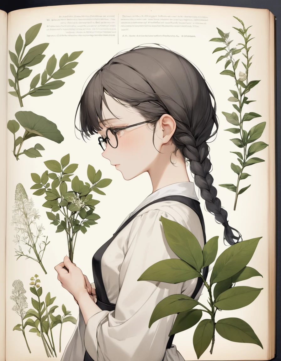 from side, close up face, Herbarium drawing girl with glasses and twin braids. Botanical accuracy, old botanical book illustration, detailed illustrations, pressed plants, delicate and precise linework, scientific documentation, meticulous presentation, educational purpose, organic compositions, timeless aesthetic, naturalistic beauty, illustration, disheveled hair, detailed eyes, perfect composition, moist skin, intricate details, beautiful,