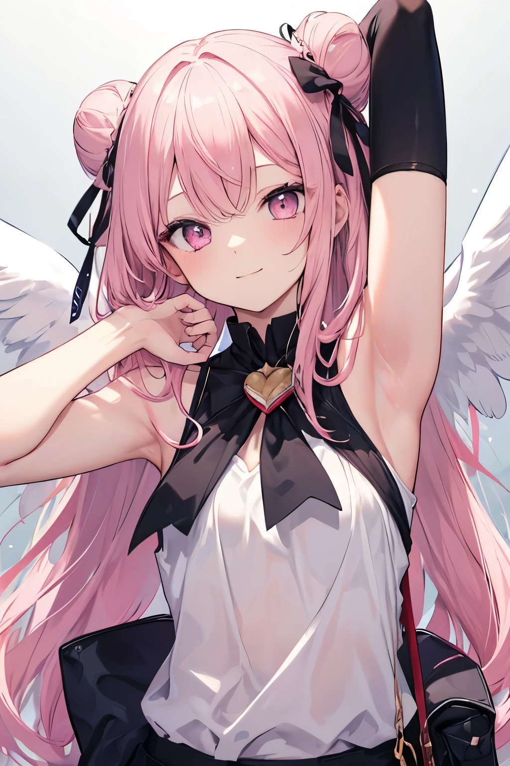 Pink hair, pink eyes、girl、Small breasts、Bun Hair、girl、Small breasts、Bright smile、Looks about 15 years old、Petan Musume、He is short、Angel wings growing、Eye highlights、Show me your armpits