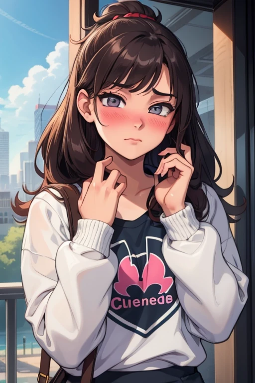 21-year-old college babe, shy, blushing, embarrassed, nerdy and cool, she has a crush on you