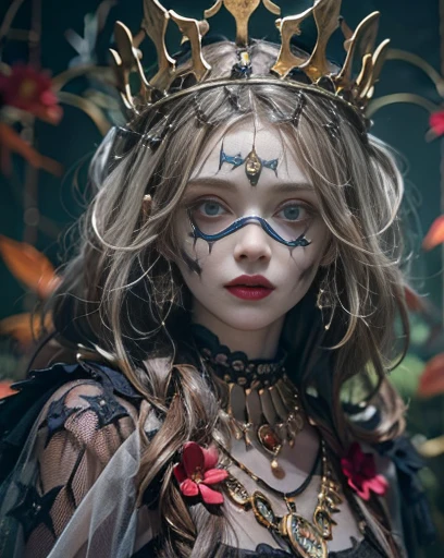 highest quality, masterpiece, Attention to detail, Intricate details, Realistic, Mysterious Halloween woman with bright expression, Spooky atmosphere、Photographic images、Crown makeup