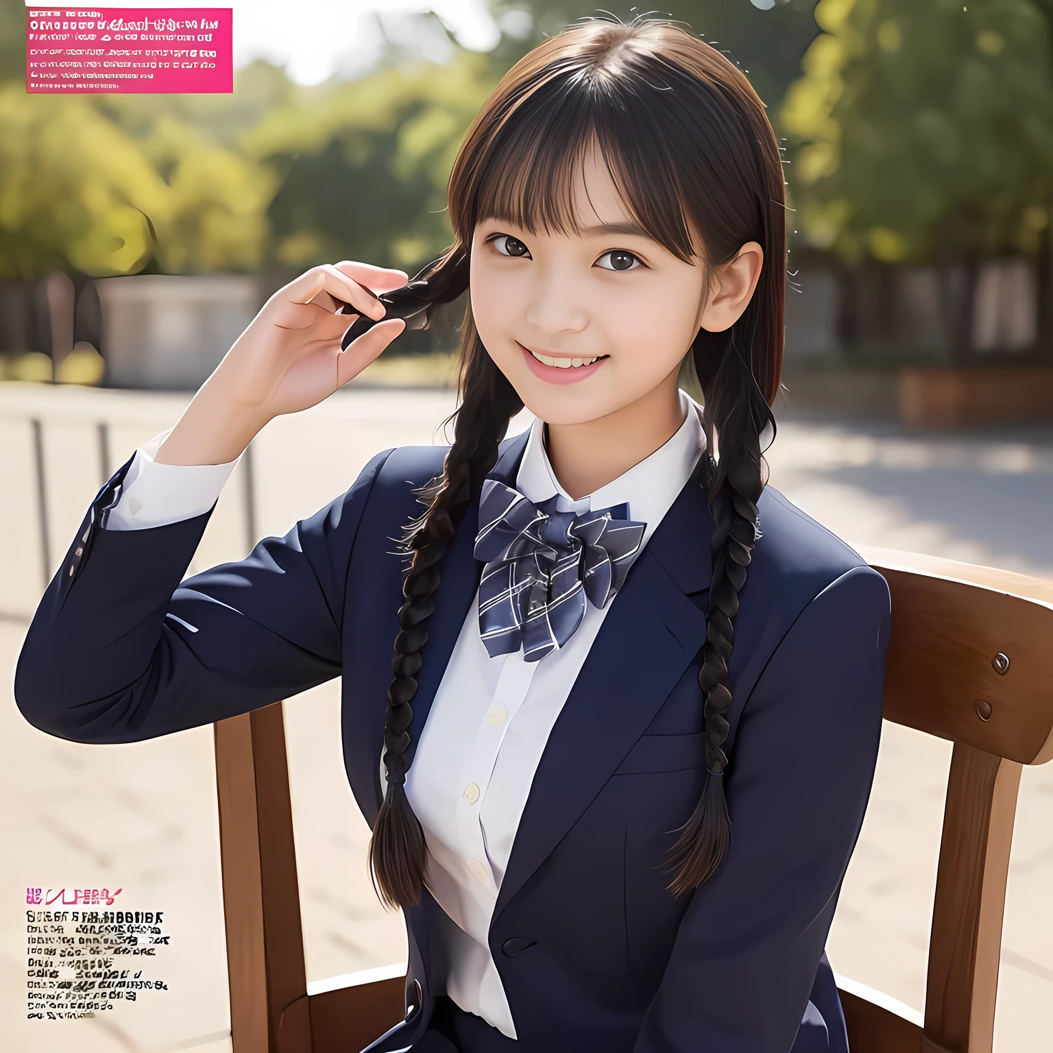 (highest quality, masterpiece:1.2), highest quality, Realistic, photograph, High resolution, 1080p, 8K, Physical Rendering, ((Height: 158cm)), Japanese girl、((((((A  beautiful Japanese fashion magazine's fashion model is looking straight at the viewer)))))), (((big very detailed beautiful dark brown eyes))), ((((laughing at me!)))), detailed fingers, (((curled blunt bangs))), ((((Very noble and cute eyes, carefully drawn with great attention to detail)))), ((double eyelids)), (((long eyelashes))), ((cute lovely lovely laughing laughing cheeks)), ((The pure white light hits my nose and cheeks. Her eyes and white facial skin shine beautifully white.)), (((((Her facial features are very expressive lovely smile, very sweet, very very intelligent))))), ((((impressive plain navy large school ribbon bow tie in plain)))), ((((black very beautiful and very long braids hair)))), ((blue and navy colored tartan checkered formal long pleated skirt)), (((A formal dark blue blazer in solid that is slightly oversized and with a golden emblem))), ((As elegant as a noble princess)), ((Seated on a chair of platform at a rural railway station)), ((Shooting the whole body from the side))