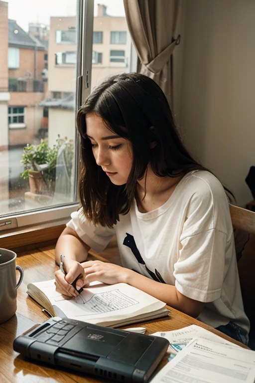 Lo fi style 20 year old girl studying on her laptop next to her window where there is a cat outside looking at her 