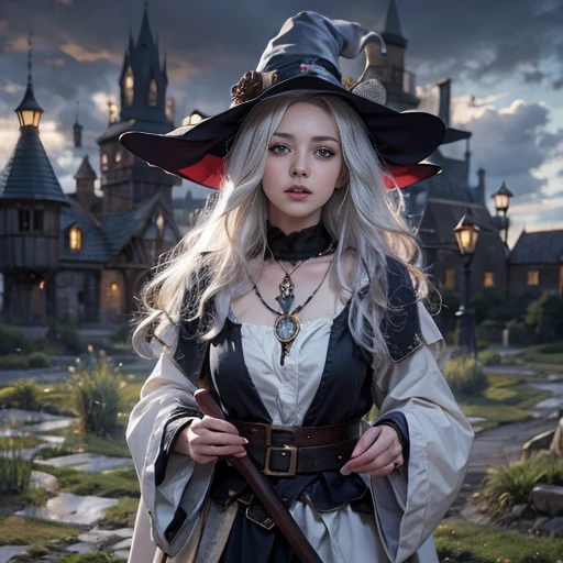(number々Award-winning masterpiece, Incredible detail, Texture and maximum detail), (hyper Realistic:1.4), (Realistic:1.3), (Full body close-up:0.4), (Highest quality real texture skins), ((The medieval world)), Slanted Eyes, Detailed drawn eyes, Detailed face, (((witch'Old black hat))), (Slim witch in white clothes), (Slim female wizard in white clothes), (Slim witch in black clothes), (Slim female wizard in black clothes), Kind eyes, ((Perfect and beautiful fingers)), ((Perfect and beautiful arms)), (She has a mischievous smile:1.4), Friendly and girlish face, (The devil dances overhead), Glass earrings in the ears, (Dramatic Photos:1.6), Shining majestic thunderclouds and sky, Halo Optical Phenomenon, Anti-light, Twilight, sunset, evening, (Dramatic Light), (Spectacular sight), (Her expression is calm, So gentle and so beautiful、Somehow scary), (Noble), (blonde, Silver Hair, Chestnut Hair), ((Full body portrait)), ((look up)), ((Looking down)), (Full body standing:1.5), (On her neck、Simple Necklace, that'It's weird but well done, wear.), Altar of Purgatory, Old what'Left behind overgrown with plants, The Great Temple of the Devil, Cathedral, The Great Temple of the Devil, Temple what'Left behind, Detached temple, magic circle, Ancient castle what'Left behind, what'Left behind, 崩れかけたwhat'Left behind, Ancient what'Left behind with clear water, Wavelets, Flowing water,