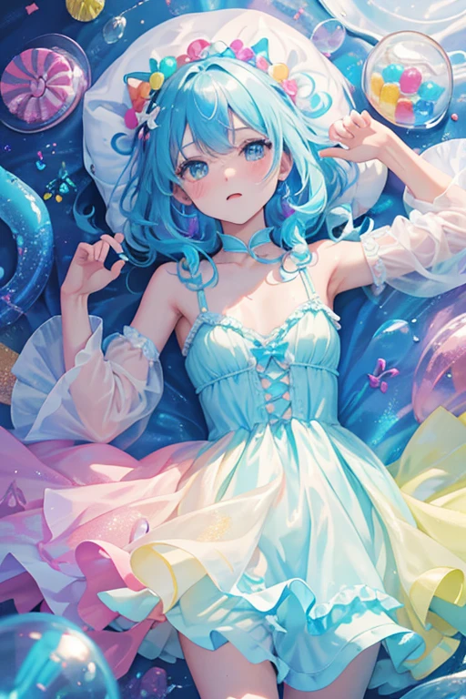 Delicate and beautiful face and eyes,Focus on the face, Deep sea background,Tabletop,Detailed Splash Water, Beautiful detailed water, Sensation of shock, (Genuine: 0.5), Original 2 High Saturation, (Surrounded by colorful splash spots), Multicolored bubbles, glasser maid))、泡のあるRainbow backgroundの接写, ethereal Rainbow Bubbles, Bokeh iridescent accents, Bokeh. iridescent accents, Rainbow Background, Colorful refracted glow, Soft Rainbow, Shiny colorful, Bright Sky, Colorful background, Rainbow background, Rainbow Bubbles, Colours of Heaven, Sparkly Background, Fantasy Rainbow, Background pastel, The background is like heaven、Close up of a pile of colorful plastic beads, Candy, sweets, candy, candy colors, candy pastel, candy decorations, Lollipops, gummy Candy, Made by Lollypops, made of candy and lollypops, sweet, candy treatments, Gumdrop, Lollipop, made of candy, candy land, jelly, everything is made of candy, Whirlpool、青いドレスとストッキングを着てベッドに座っているアルファフィーwoman, Translucent dress, beauty lingerie, iridescent shiny thin lingerie, Translucent silk dress, pale, Wave Lingerie, sexy gown, Bright blue shiny lingerie, Blue underwear, Icy Blue Dress, Light blue, Pastel Blue, woman, thin, Sky blue dress, wearing sexy lingerie