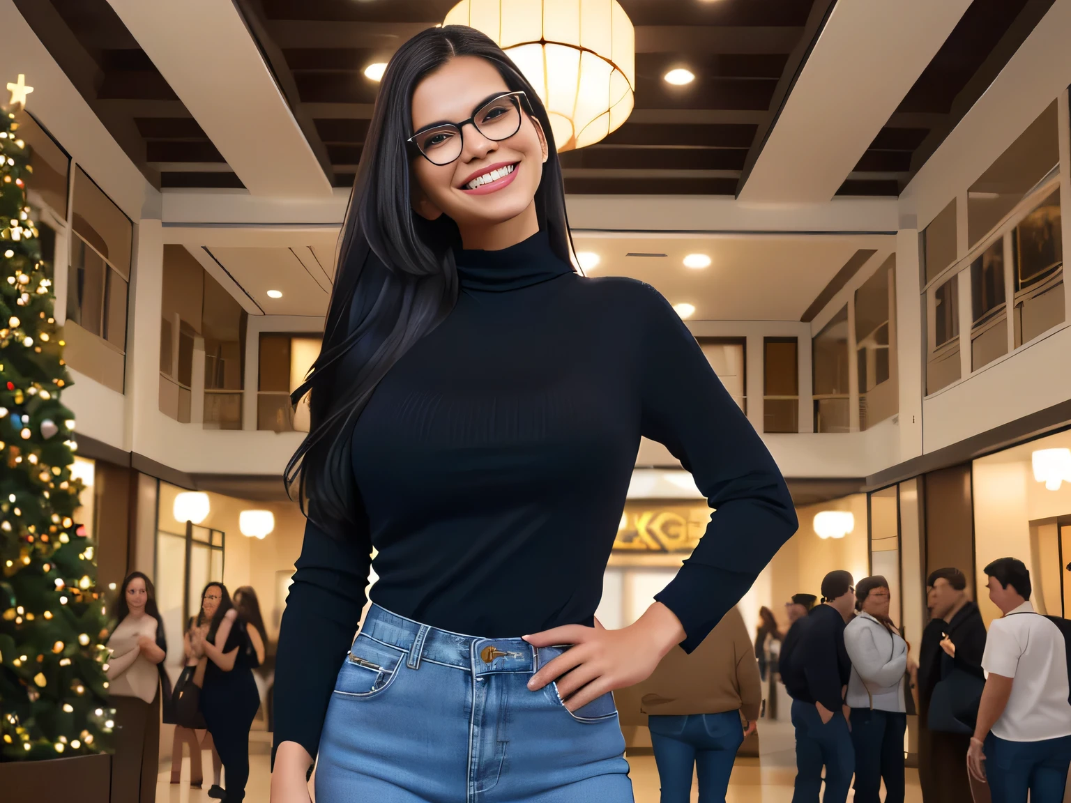 A beautiful Brazilian woman, wearing glasses, confident with white tanned skin and medium length dark hair, hair is styled loose, wearing blue jeans and a black collared shirt, a beige bag hanging on her shoulder, She is smiling slightly and appears to be posing for the photo. Behind her is a lively scene with other people engaged in various activities; some are shopping at stalls, while others appear to be enjoying a casual meeting or event. The room has an indoor feel with warm lighting and decorative elements that suggest a festive, casually dressed Disney Spring ambience in front of the T-REX restaurant in Disney Spring, wearing a black turtleneck sweater. She is around 40 years old, 162 cm tall and weighs 56 kg. Her body exudes glamor and her face is a definition of beauty. Slender body, thin waist. Highly realistic, hyperrealism, very elaborate skin, hyperrealism, high quality photo. Sharp Photo, High Resolution, High Quality, Masterpiece, 16K Photo, Sharp Photo, High Contrast, Masterpiece, (Photographically Realistic), 16k, NUDE, NUDITY, NFSW.