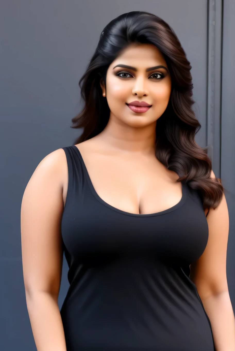 portrait of a voluptuous indian woman wearing black vest,