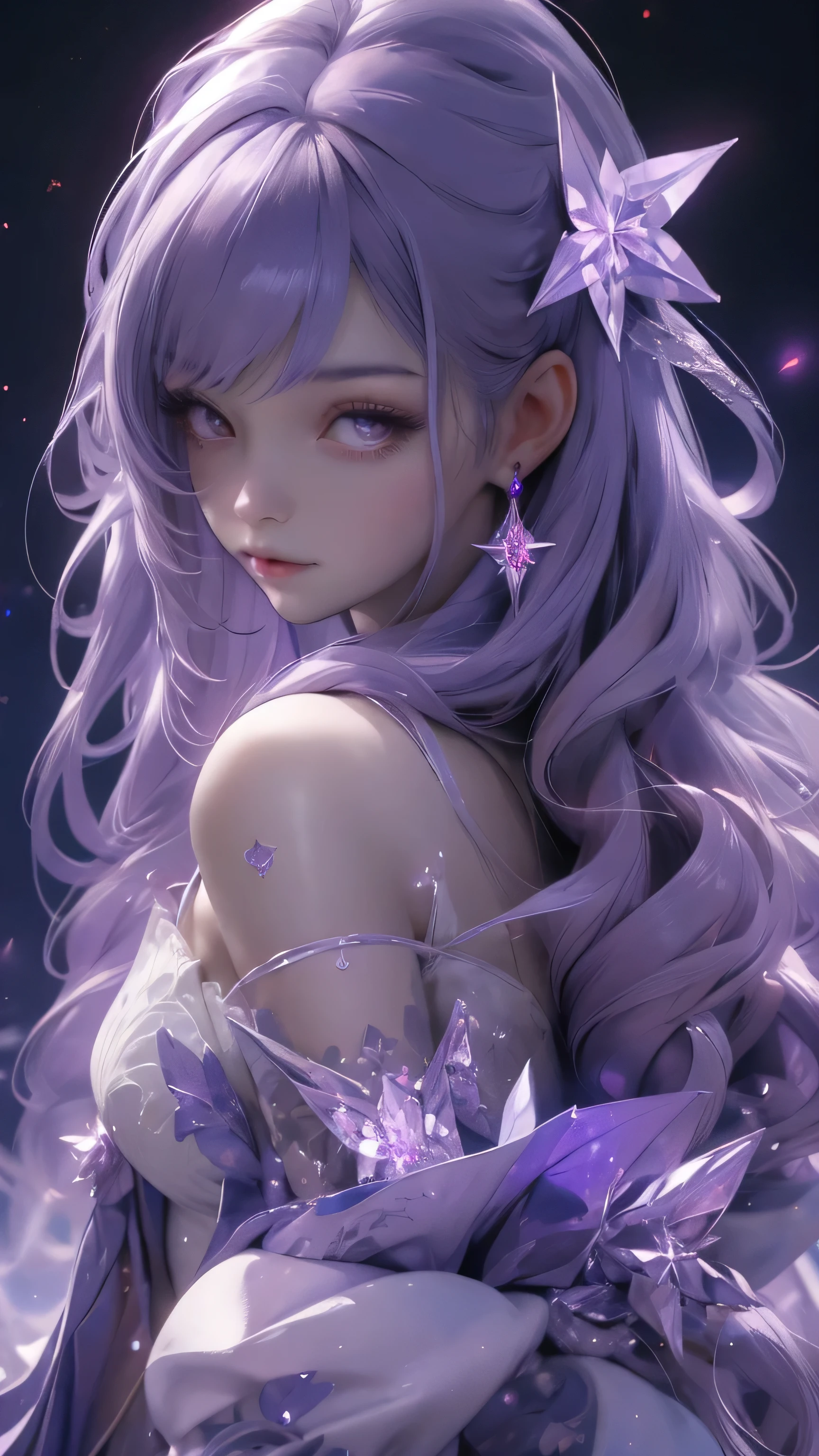 (((tmasterpiece))), Best quality at best, illustratio, 4k wallpaper, light, absurd res, Portrait of 1girl, long whitr hair, purple crystal hair, glowing hairs, bloom hair, Costume princess, looking to the front