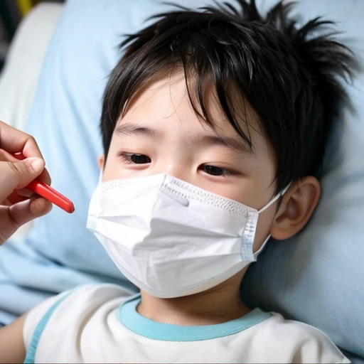 Handsome kindergarten boy with infectious disease、Appearance of suffering. He is wearing a white mask. He has a high fever. he is sleeping. He has a cough. He is exhausted. He is taking his temperature with a thermometer. He is dying. He is cooling his forehead with a cooling gel sheet..