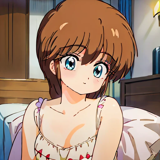 ((masterpiece)), ((best quality)), (ultra-detailed), anime style, look up from below, on the bed, a cute girl, 1girl, solo, hiyama Hikaru, underwear00, ((beautiful eyes)), small breast, smile
