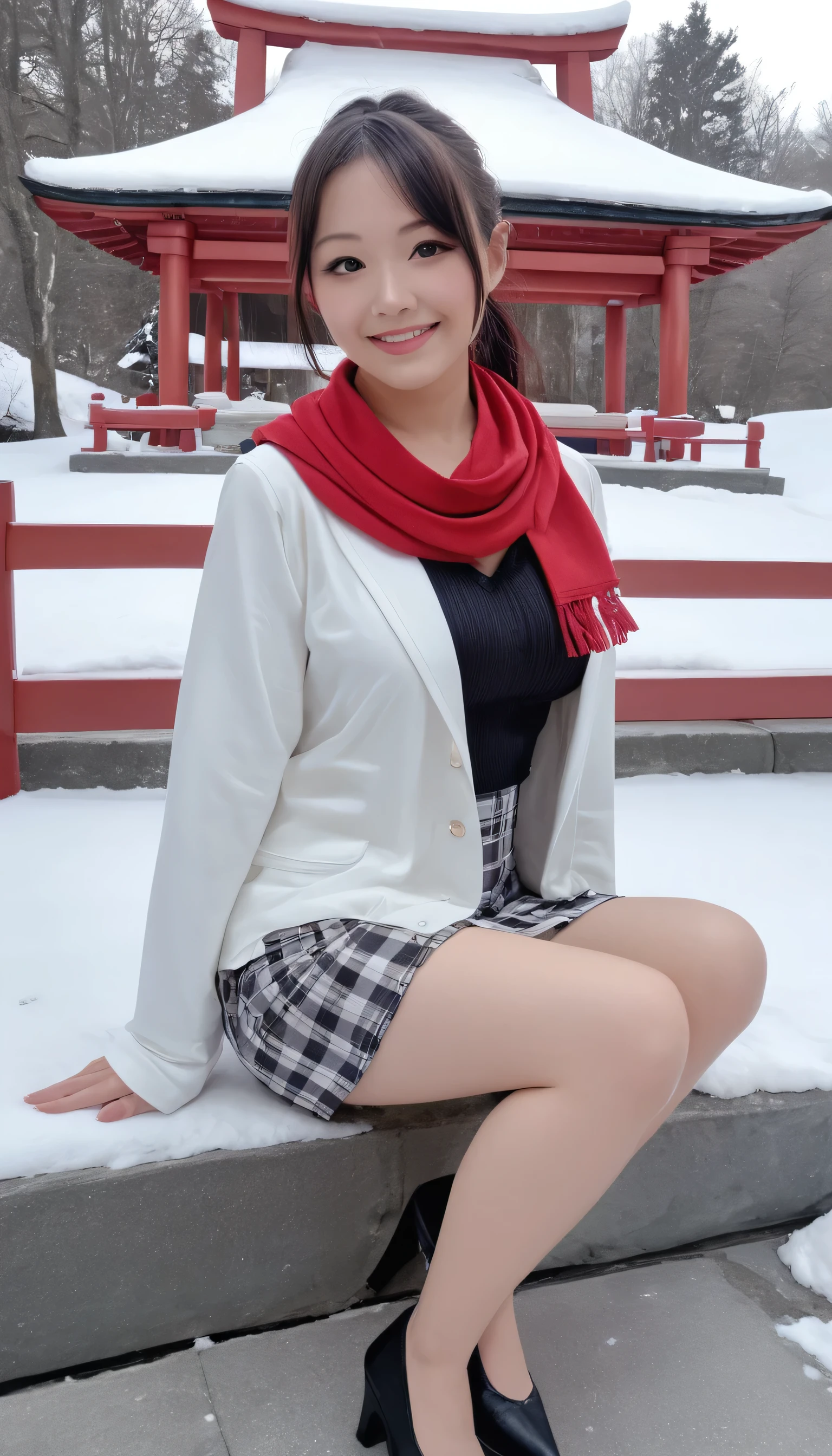 score_7, score_8, score_9,, BREAK, source_real, raw, photo, photography, Pretty Japanese woman, stunning, 1girl, (medium dark brown ponytail), double eyelid, natural medium-large breasts, slender legs, tall body, soft curves, white coat, knit dress shirt, checkered skirt, red scarf, snow heeled boot, sitting on stairs on shrine, snowy shrine, heavy snow on shrine, fashion model posing, unforgettable beauty, look at viewer, sexy smile, closed to up, lifelike rendering, detailed facial features, detailed real skin texture, detailed details