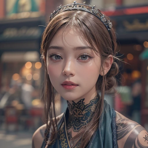 Ride an Antique Bicycle on Baker Street 、Hair flow、 ((highest quality、masterpiece、8k、Best image quality、Ultra-high resolution、Award-winning works)、(Accurate anatomy:1.1)、(Look at me and smile:1.1)、Shining fair skin with Ultra-high resolution、The most detailed face、Ultra-high resolution detailed face、Ultra-high resolutionの髪の毛、(Ultra-high resolutionの煌めく瞳:1.1)、Beautiful face drawn in every detail、(Blurred Background:1.1)、Ancient Islamic clothing, Chest to chest, tattoo,