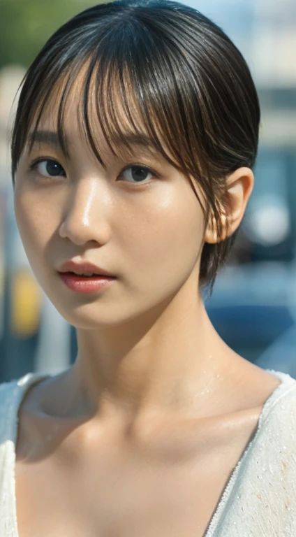 ((highest quality、8k、masterpiece:1.3))、Beautiful and realistic Japanese women、Clear Eyes、Beautiful woman with perfect body:1.4、Slim Belly:1.2、((Layered Haircut、Giant bust:1.2))、(Perfect Anatomy)、 (Beautiful body、Beautiful Skin)、 (Wet Hair,:1.2)、(rainに濡れた白いシャツ)、(rain、street:1.2)、Wet body:1.2、Highly detailed face and skin texture、  Detailed eyes、double eyelid、Sunburned skin、sexy、hot day、Beautiful Skin、Tanned body、Exposed shoulders、Supermodel、Professional photography、