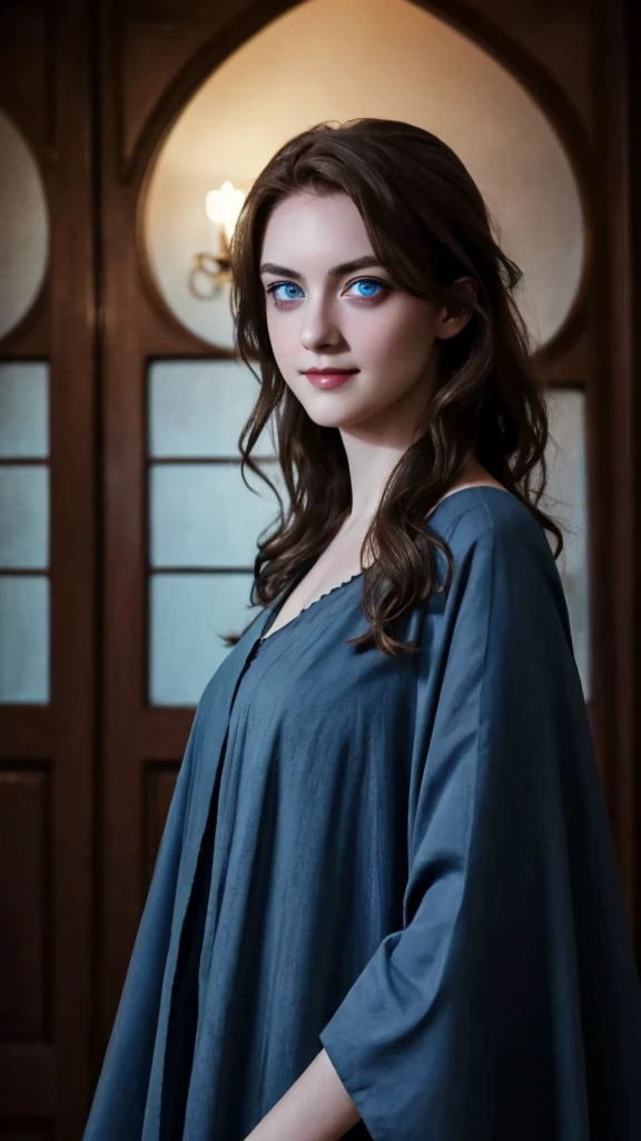 1girl, muslem dirl, haunted house, spooky atmosphere, simple, beautiful, modern watercolor style, smirk, raised left eyebrow, perfect blue eyes, bokeh background cinematic lighting , brown eyes , tall hair