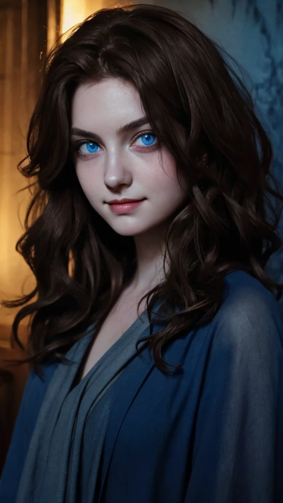 1girl, muslem dirl, haunted house, spooky atmosphere, simple, beautiful, modern watercolor style, smirk, raised left eyebrow, perfect blue eyes, bokeh background cinematic lighting , brown eyes , tall hair