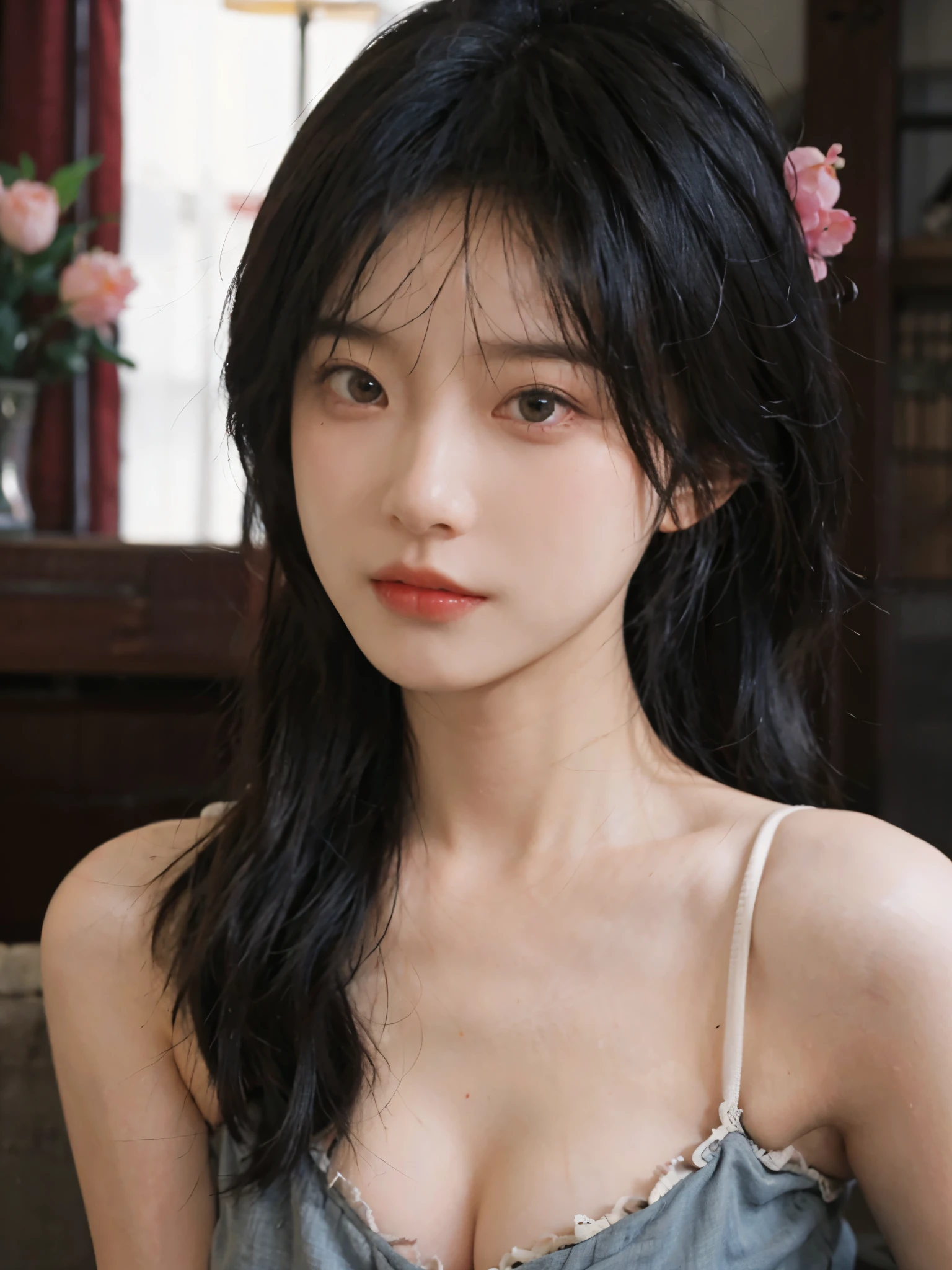 best qualtiy, Ultra-high resolution, (realisticlying:1.4), one-girl, A pair of clear and moving peach blossom eyes,Royal sister,a sense of atmosphere,(Faded gray-gray hair:1), (big breasts:ooking at viewert, closeup cleavage ,