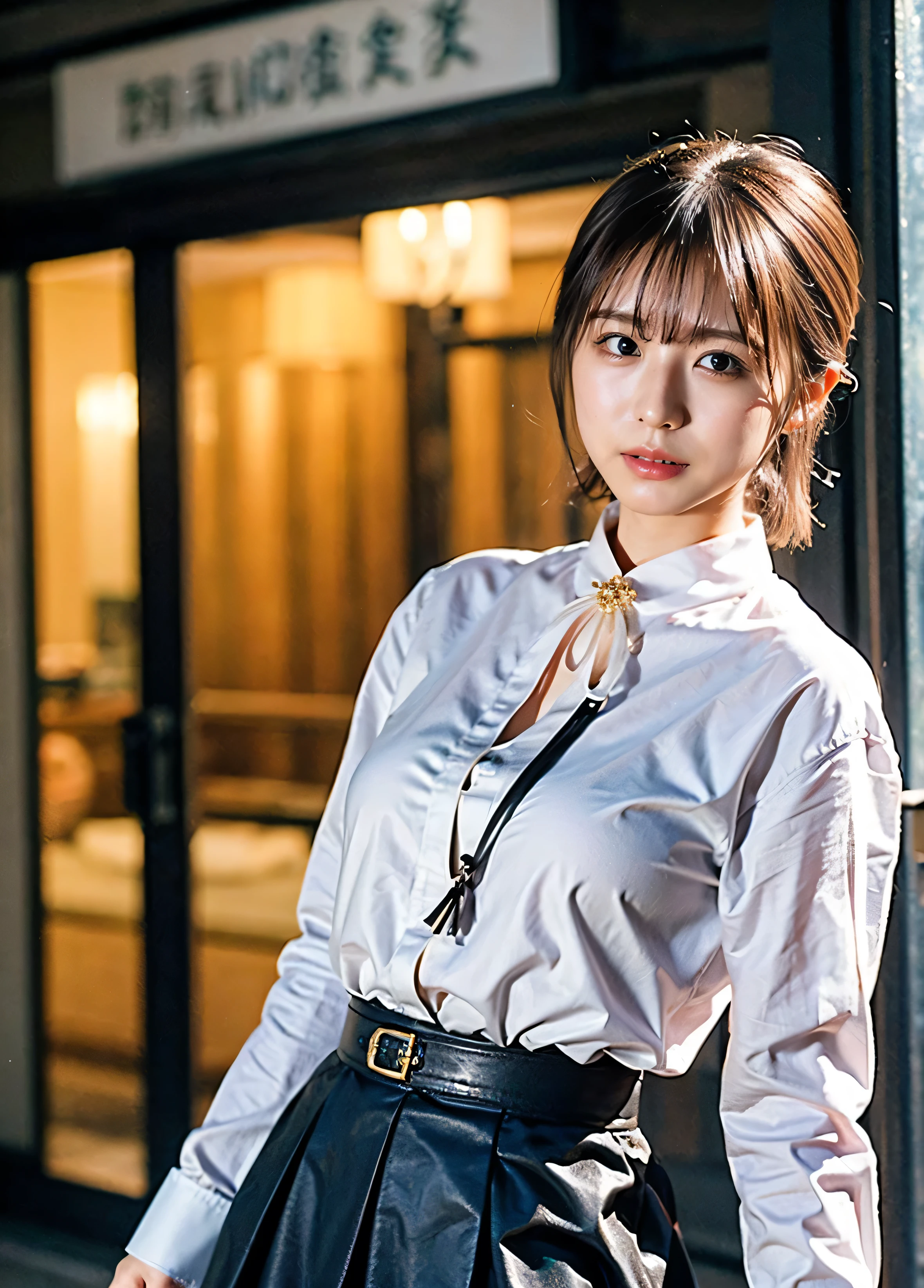 、Big Tits、Neon city at night、illumination、Background Blur、Leather Belt、with rufflessleeveless、Braid only the front hair、Light brown hair、Teeth grinding、{{Cowgirl Shot}}、((Close-up shot from the waist up、Big Breasts:1.4))、Breast swelling、Big Breasts、Smile、Silk clothing、Big Breasts that can be seen even through clothes、Braid only the front hair、Cowboy Shot、Gorgeous white collared silk shirt and brown skirt、Wear it elegantly、Luxury Bags、Sex in a stylish love hotel with shining illumination、A lovely smile、((Nagoya street corner))、Full body photo、ring、High-end clothing products、Short skirt、Tuck your hair behind one ear、Silver Necklace、smile、 Elegant ponytail、Caustics、Highly detailed photos、Very beautiful and ideal short hair、Big Breasts、Super no makeup、(8k、RAW Photos、highest quality、masterpiece:1.2)、(Realistic、Realistic)、1 girl、((Medium Short Hair、Looking into the camera:1.4))、Hair blowing in the wind