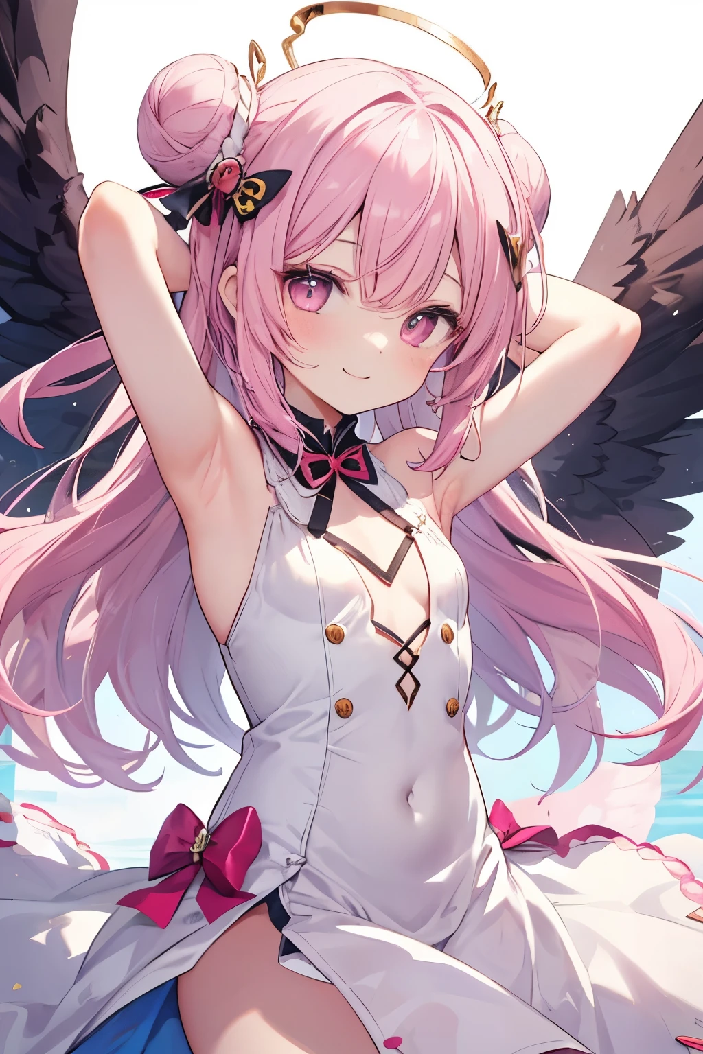 Pink hair, pink eyes、girl、Small breasts、Bun Hair、girl、Small breasts、Bright smile、Looks about 15 years old、Petan Musume、He is short、Angel wings growing、Eye highlights、Show me your armpits