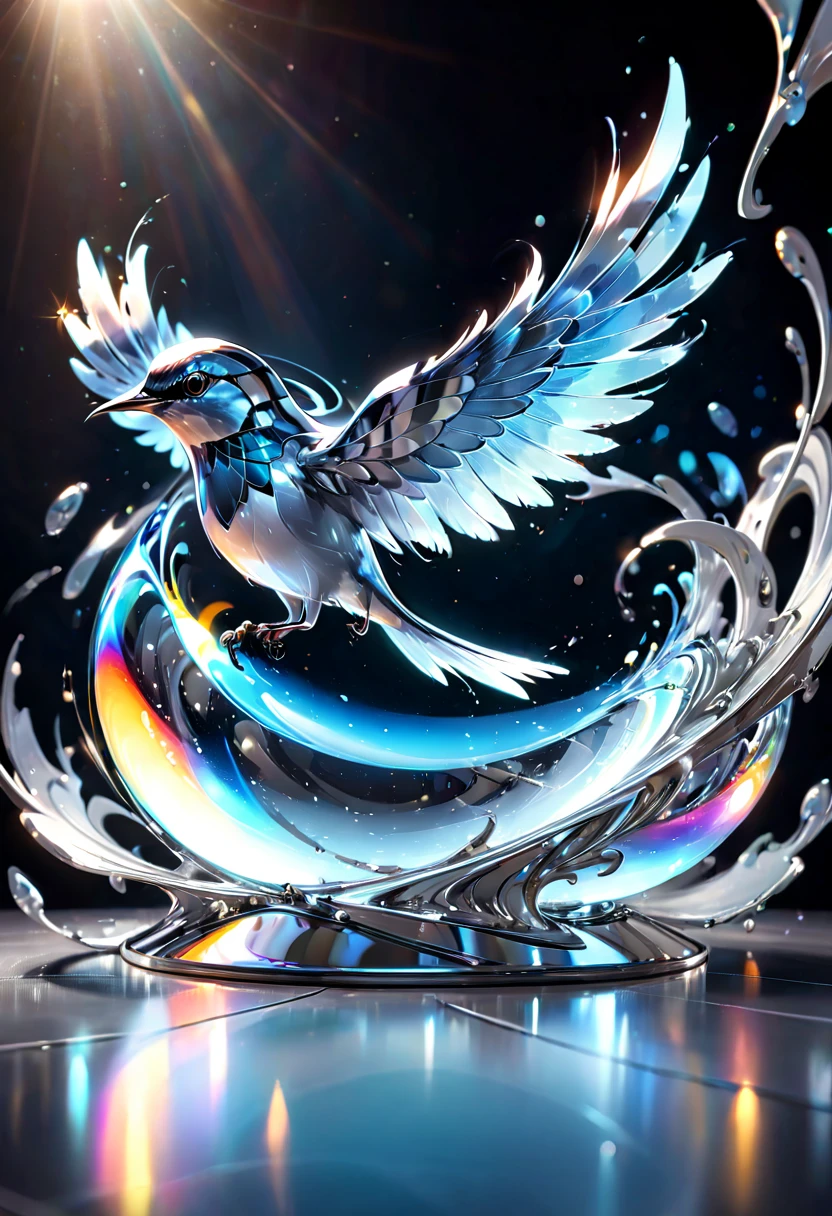 Liquid Metal, glass Mockingbird masterpiece, Light Painting, Glitter, Sparkly, Ektachrome, 360 Panorama, Lens Flare, 3-Dimensional, Beyond-Dimensional, 8K, Geometric, Edge, Strong, Rim Lights, Shiny, Liquid Metal, Lumen Reflections, insanely detailed and intricate, hypermaximalist, elegant, ornate, hyper realistic, expansive realistic