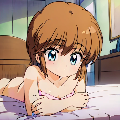 ((masterpiece)), ((best quality)), (ultra-detailed), anime style, look up from below, on the bed, a cute girl, 1girl, solo, hiyama Hikaru, nude, ((beautiful eyes)), small breast, smile