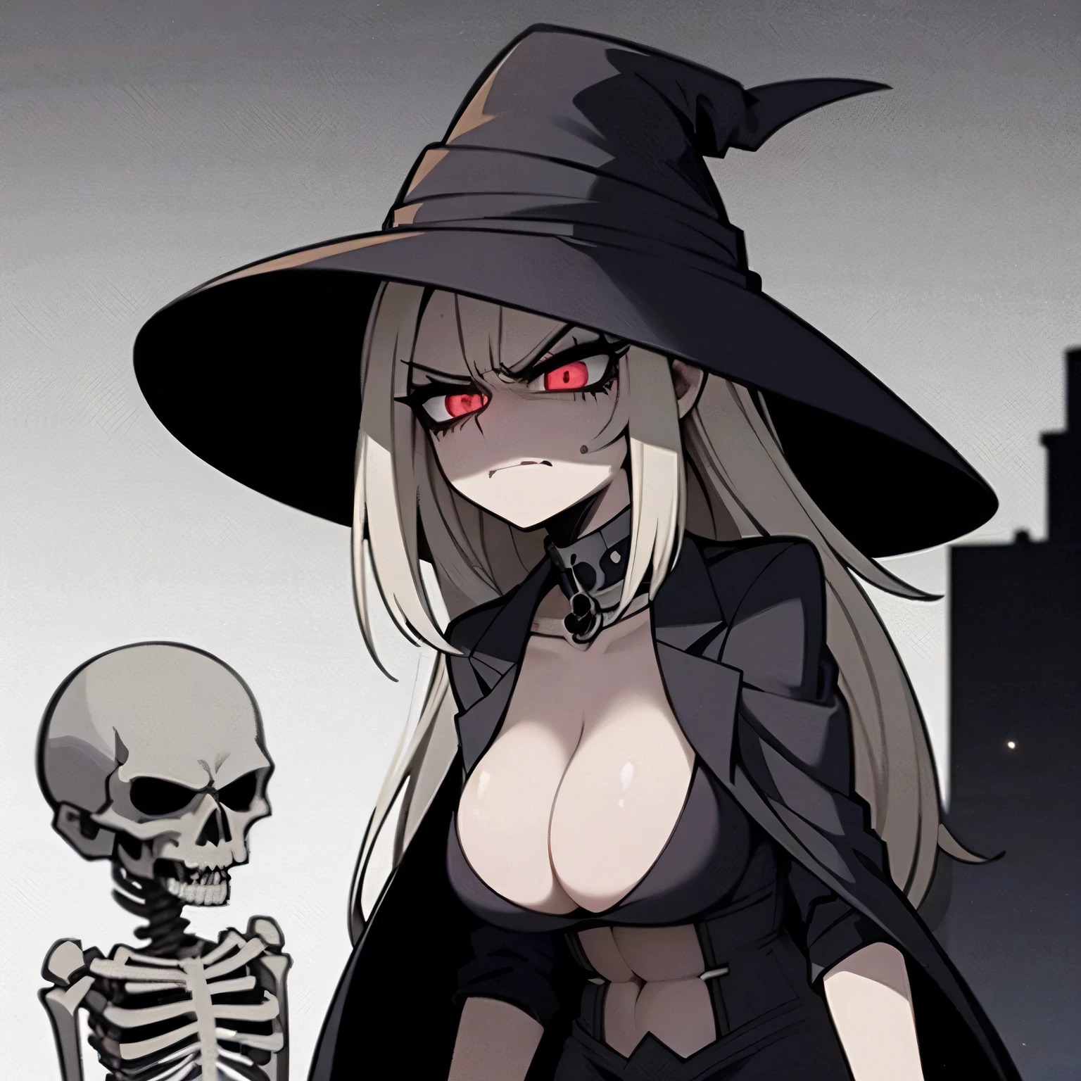 A meanacing woman, a large skeleton behind her and hunched over, ominous setting, dark shadows, look of disgust