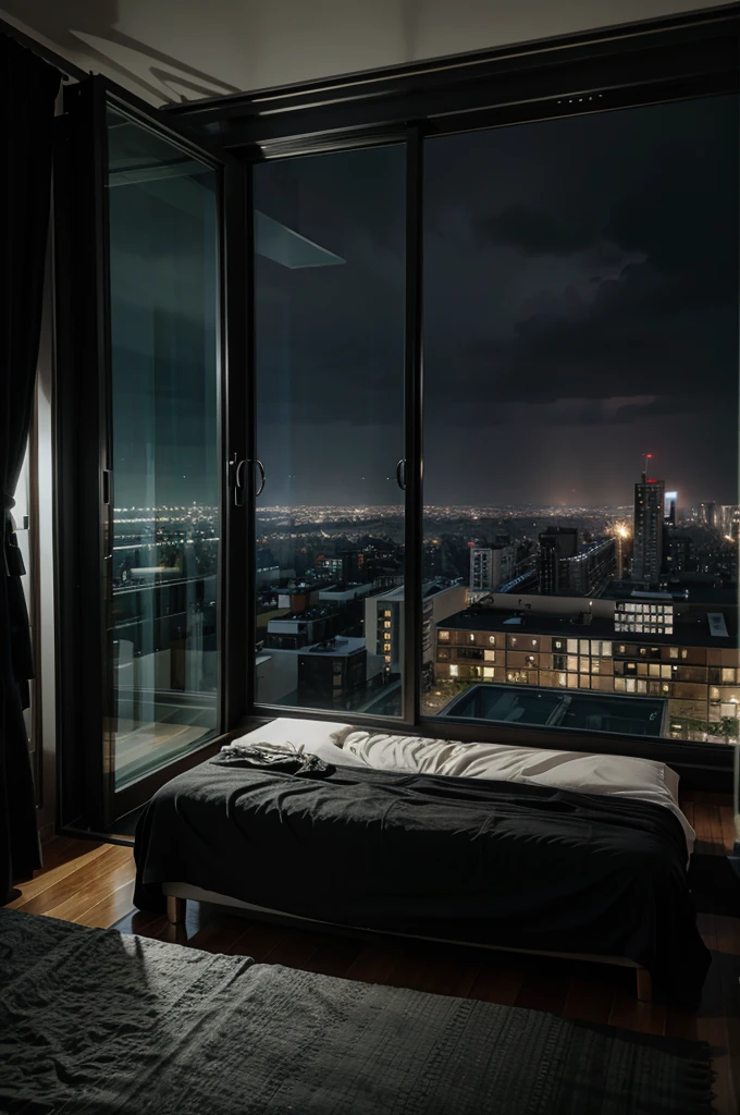 A beautiful cozy bedroom with big windows, rainy weather, night city view from window
