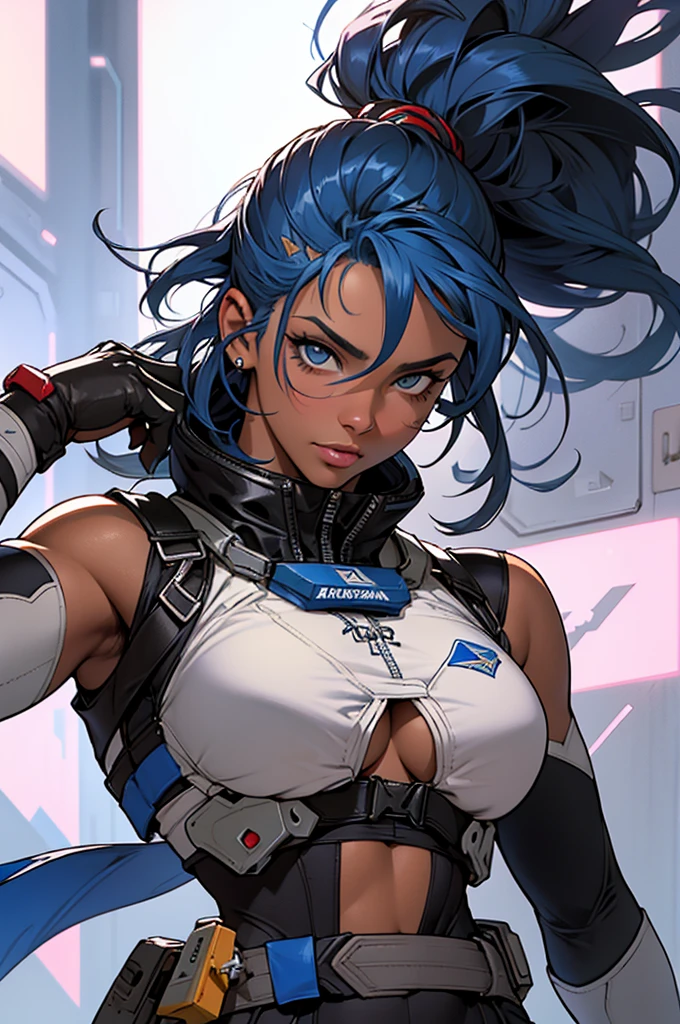 (((mulher))), (((melhor qualidade))), (((obra prima))), (((adulta))), Uma guerreira mulher de 40 anos preta africana com corpo perfeito, Brooklyn Gladiators, hand with steel gloves and metal tips, (( under )), quase nua no estilo selvagem urbano de Simon Bisley para a capa da revista Heavy Metal, cabelo loiro, Minimum clothing, usando traje de astronauta sensual com armadura (azul escuro com faixas douradas), cheio de pontas e rebites manchadas de tinta, tatuagens diversas, (((corpo inteiro))), cabelo louro curto com franja branca cobrindo a testa, fighting on a space station with your own spaceship in the background, fazendo pose de combate com olhar e sorriso sexy