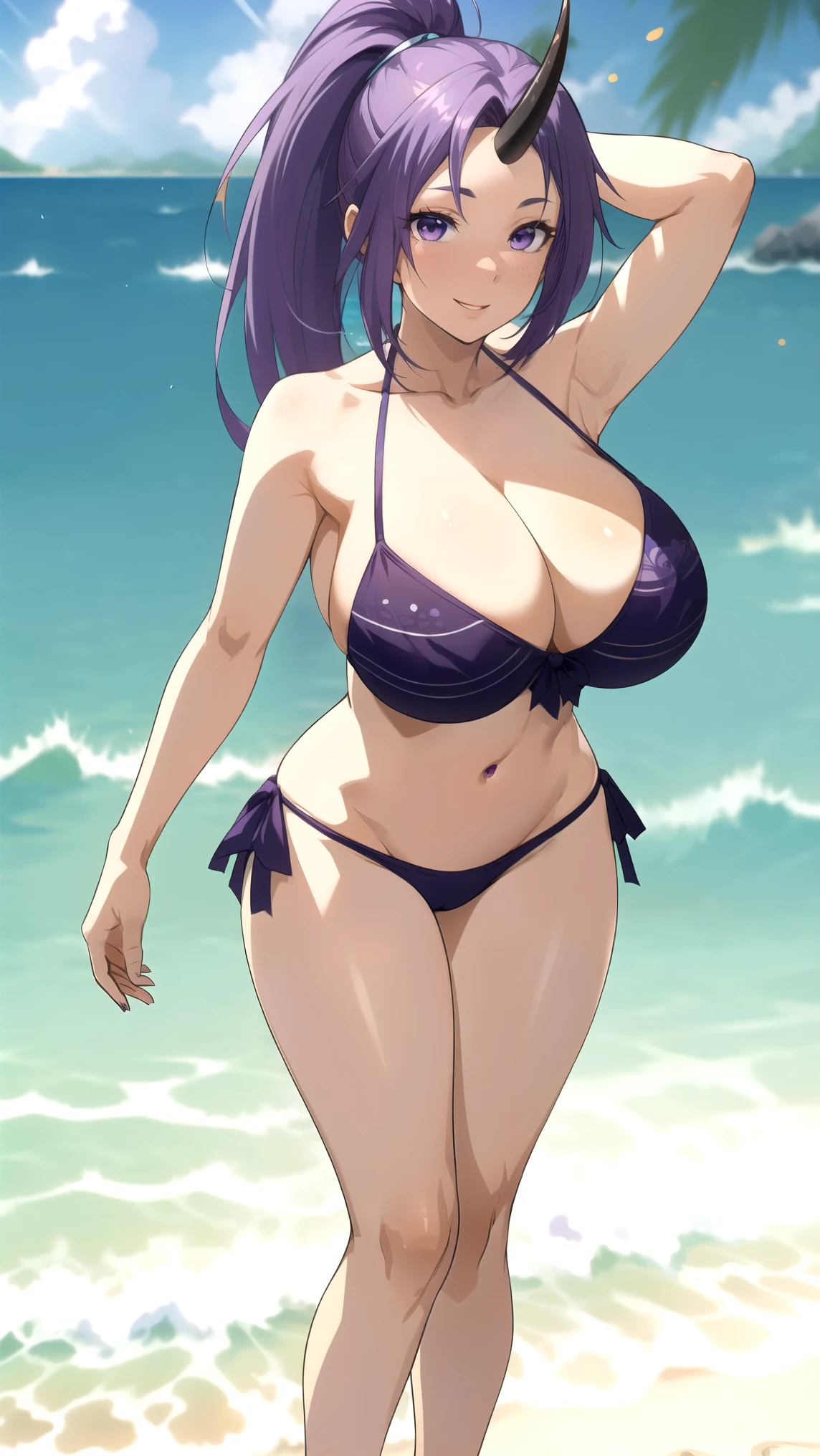 (4k), depth of field, (Masterpiece), (realistic skin texture), extremely detailed, intricate, hyper detailed, professional photography, bokeh, high resolution, sharp detail, best quality, woman, happy, full body, huge , purple hair, ponytail, purple eyes, bikini, horn, head down , beach