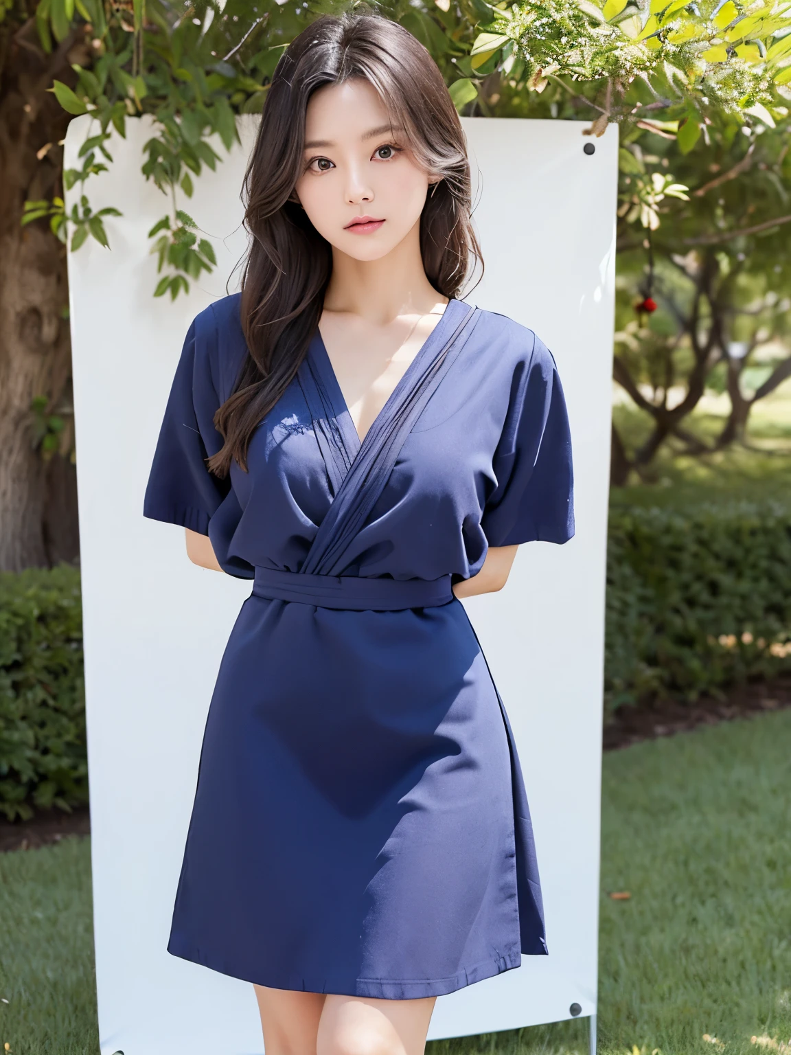 Woman standing by the lake、Beauty、Uniform eyes、20 years old、university student、(((She is wearing a long navy blue dress)))、(((Wearing white panties)))、Wearing pumps、Smiling、Hands in front、Well-balanced proportions、Medium build、Small Bust、Small face、Viewer's gaze: Looking at the whole body from the front、, black hair, bangs, long hair, messy hair, light smile, Surrealism, cinematic lighting, tachi-e, first-person view, pov, cowboy shot, f/1.2, Nikon, UHD, best quality, highres, 8k
