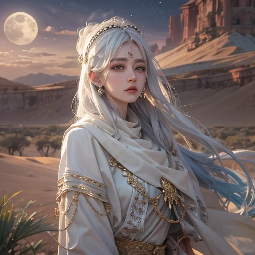 (highest quality、masterpiece、8k、Best image quality、Ultra-high resolution、Award-winning works)、A beautiful white-haired woman watches over us from afar in the desert...., Where the moonlight shines.、Ancient Islamic clothing、Beautiful face drawn in every detail