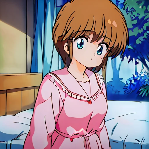 ((masterpiece)), ((best quality)), (ultra-detailed), anime style, look up from below, on the bed, a cute girl, 1girl, solo, hiyama Hikaru, blue striped underwear, ((beautiful eyes)), medium breast, smile