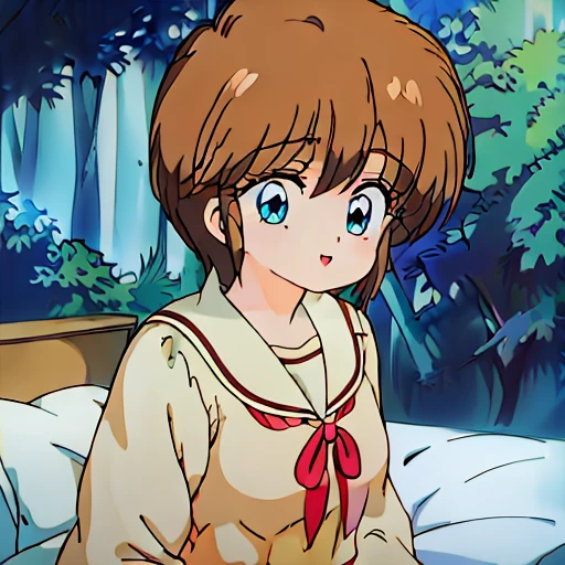 ((masterpiece)), ((best quality)), (ultra-detailed), anime style, look up from below, on the bed, a cute girl, 1girl, solo, hiyama Hikaru, blue striped underwear, ((beautiful eyes)), medium breast, smile
