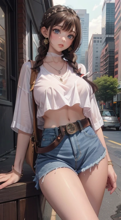 masterpiece, top quality,girl has sex with boy,young girl, Coffee eyes, pink, braided hairstyles,worried _face,shiny skin,big breasts,nice leg line:1.3,thick thighs, thin waist,, white_up button_shirt, denim_cut off, With strap_sandals, crossbody_bag, layered_necklace, Cityscape,I look at the viewer,earlier,Upper body、Two dimensional beautiful girl、big breasts、Sexy look、