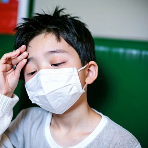 Handsome kindergarten boy with infectious disease、Appearance of suffering. He is wearing a white mask. He has a high fever. he is sleeping. He has a cough. He is exhausted. He is taking his temperature with a thermometer. He is dying. He is cooling his forehead with a cooling gel sheet..