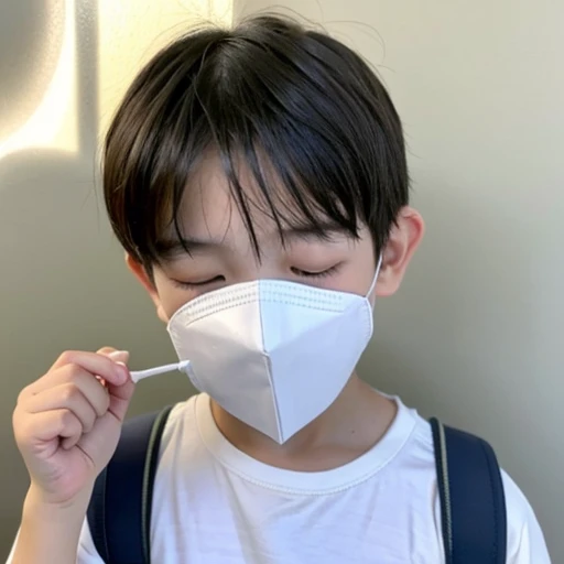 Handsome kindergarten boy with infectious disease、Appearance of suffering. He is wearing a white mask. He has a high fever. he is sleeping. He has a cough. He is exhausted. He is taking his temperature with a thermometer. He is dying. He is cooling his forehead with a cooling gel sheet..