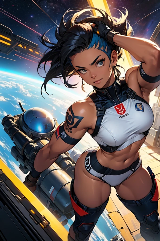 (((mulher))), (((melhor qualidade))), (((obra prima))), (((adulta))), Uma guerreira mulher de 40 anos preta africana com corpo perfeito, Brooklyn Gladiators, hand with steel gloves and metal tips, (( under )), quase nua no estilo selvagem urbano de Simon Bisley para a capa da revista Heavy Metal, cabelo loiro, Minimum clothing, usando traje de astronauta sensual com armadura (azul escuro com faixas douradas), cheio de pontas e rebites manchadas de tinta, tatuagens diversas, (((corpo inteiro))), cabelo louro curto com franja branca cobrindo a testa, fighting on a space station with your own spaceship in the background, fazendo pose de combate com olhar e sorriso sexy