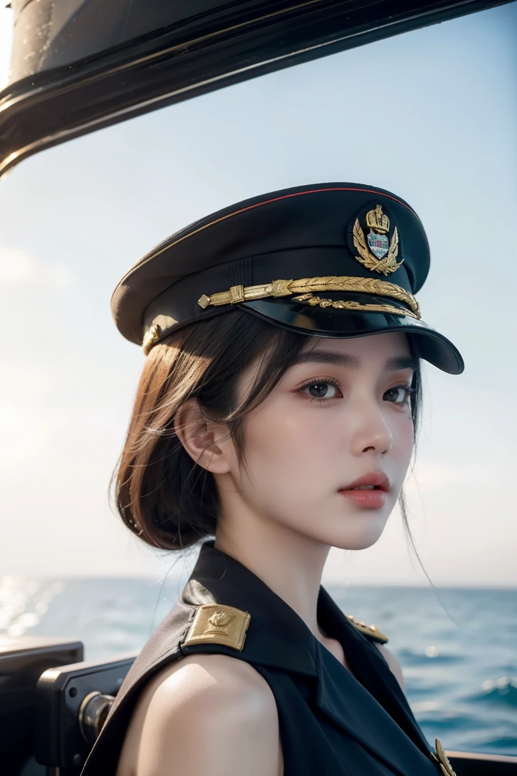 "Imagine a striking scene aboard a formidable battleship, where a high-ranking female officer of the Indonesian Navy stands with an air of authority and grace. The vast expanse of the ocean stretches out behind her, the horizon blending seamlessly with the sky.

She is dressed in a pristine naval uniform, meticulously detailed with insignias that signify her rank and accomplishments. Her military cap is perched confidently on her head, its brim casting a slight shadow over her determined eyes. Her gaze is focused, exuding a blend of strength and wisdom, reflecting the many challenges she has overcome.

The deck of the battleship is bustling with activity, yet she remains a calm and commanding presence amidst the organized chaos. The sleek lines of the ship and the towering masts frame her figure, emphasizing her pivotal role in this maritime scene.

The sun is beginning to set, casting a golden glow across the scene, highlighting the metallic sheen of the battleship and the subtle contours of her uniform. Her stance is firm, hands clasped behind her back, embodying the resilience and dedication of a leader who inspires respect and admiration.

This prompt captures the essence of a powerful and dignified female naval officer, standing as a symbol of strength and leadership against the backdrop of Indonesia's naval prowess." super fine body, super fine face, super fine eyes, super fine nose, superfine mouth, super fine hands, super fine fingers, good shape