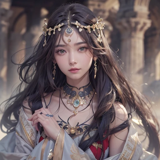 Hiding in the tomb、Hair flow、 ((highest quality、masterpiece、8k、Best image quality、Ultra-high resolution、Award-winning works)、(Accurate anatomy:1.1)、(Look at me and smile:1.1)、Shining fair skin with Ultra-high resolution、The most detailed face、Ultra-high resolution detailed face、Ultra-high resolutionの髪の毛、(Ultra-high resolutionの煌めく瞳:1.1)、Beautiful face drawn in every detail、Ancient Greek Clothing, Chest to chest, tattoo, Old ruins in the background、Ghosts around her