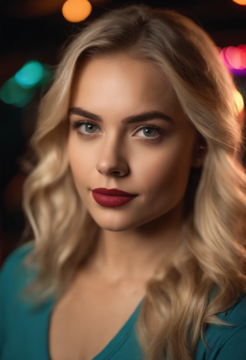 Very pretty 22 year old blonde in t-shirt looking directly at the camera in a club