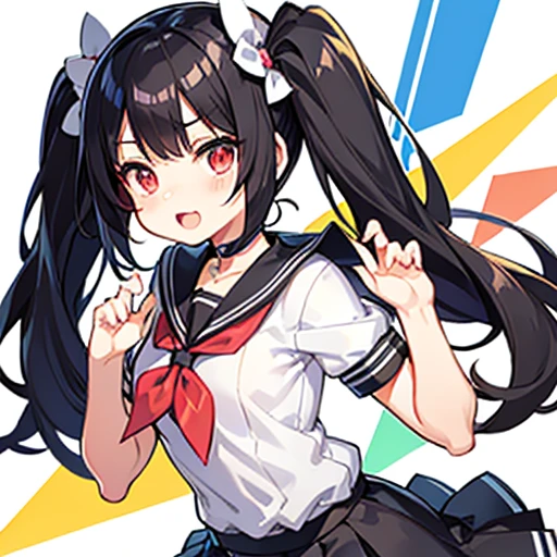 School Anime Style,Ultra Pretty,Very cute boy,
,Black Hair,Twin tails,mocking expression、Menhera