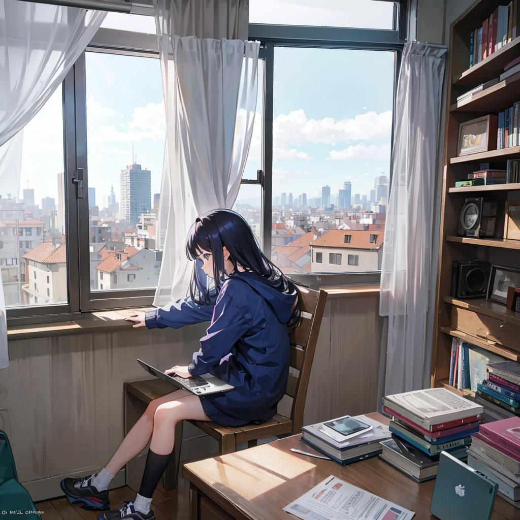 20-year-old girl studying on her laptop next to her window where she can see the street and the city, afuera de la ventana hay un gato mirandola a ella.