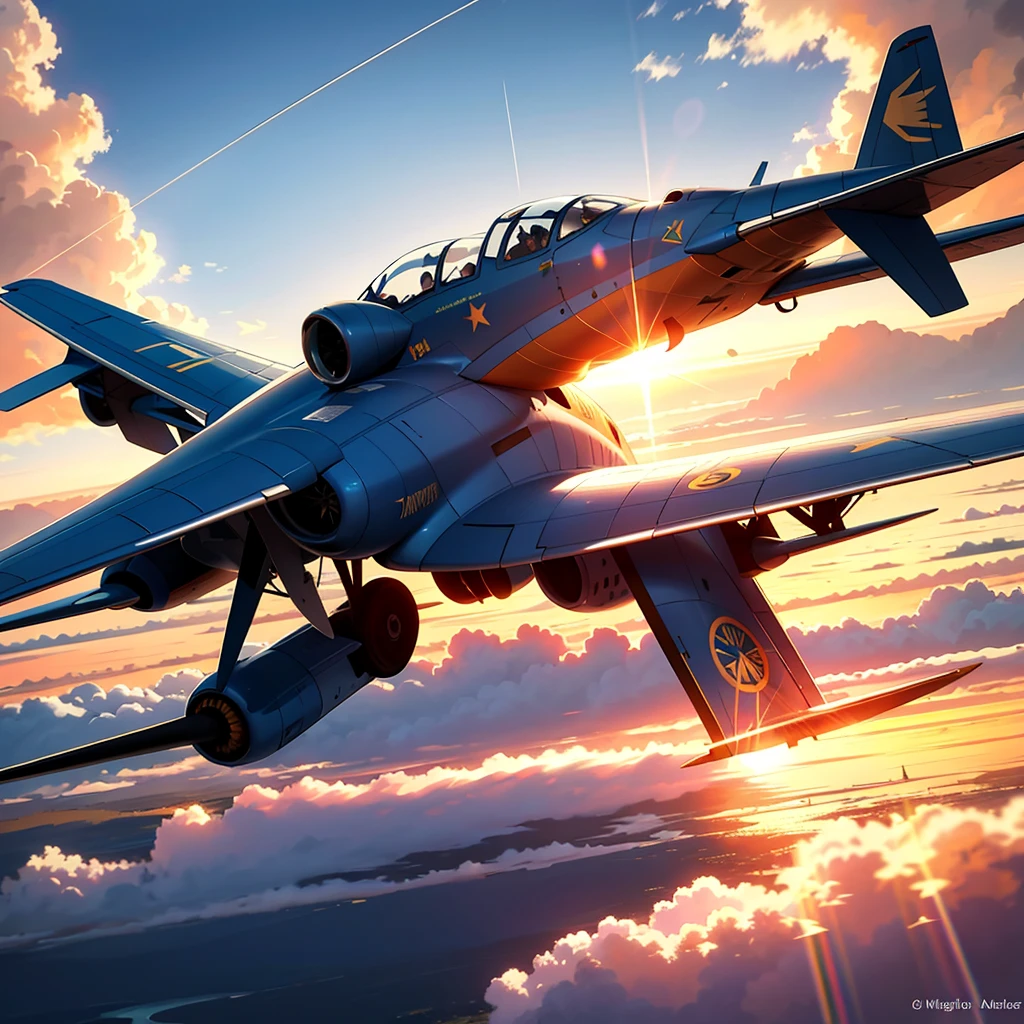 Draw a captivating masterpiece of an ultra-realistic 8K CG airplane soaring above a canopy of fluffy, cotton-like clouds, illuminated by the radiant, golden rays of the setting sun that pierce through the delicate veil, casting dramatic shadows below. The airplane, adorned with intricate details, shimmers with a metallic sheen against the cerulean backdrop as it carves its path through the sky, leaving a trail of contrails behind.
The airplane, a marvel of modern engineering, is equipped with sleek, streamlined wings and a finely crafted fuselage that exudes an air of majesty and power