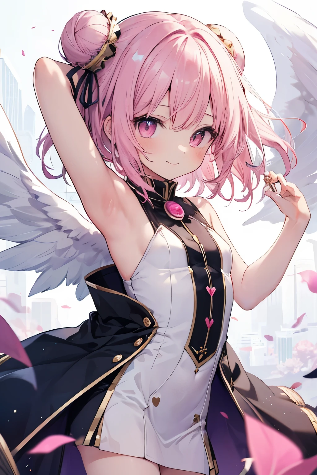 Pink hair, pink eyes、girl、Small breasts、Bun Hair、girl、Small breasts、Bright smile、Looks about 、Petan Musume、He is short、Angel wings growing、Eye highlights、Show me your armpits