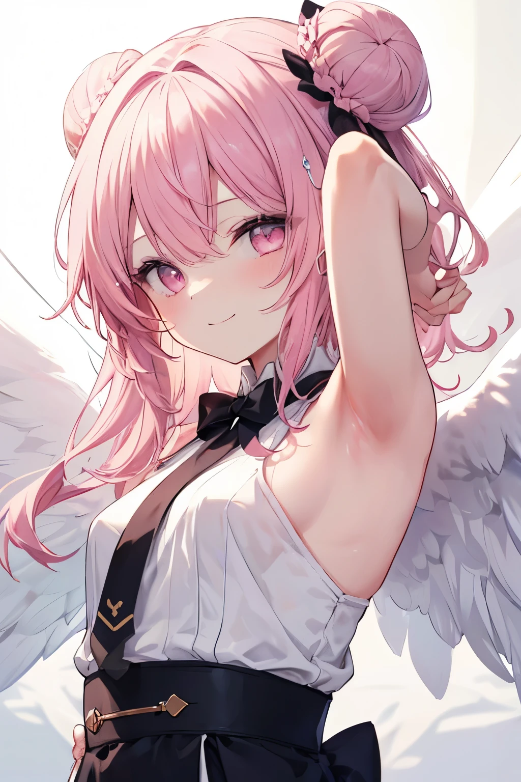 Pink Hair, Pink Eyes、girl、Small breasts、Hair Bun、girl、Small breasts、Bright smile、Looks about 、Petan Musume、He is short、Angel wings growing、Eye highlights、Please show me your armpits、Sexy thighaid clothes