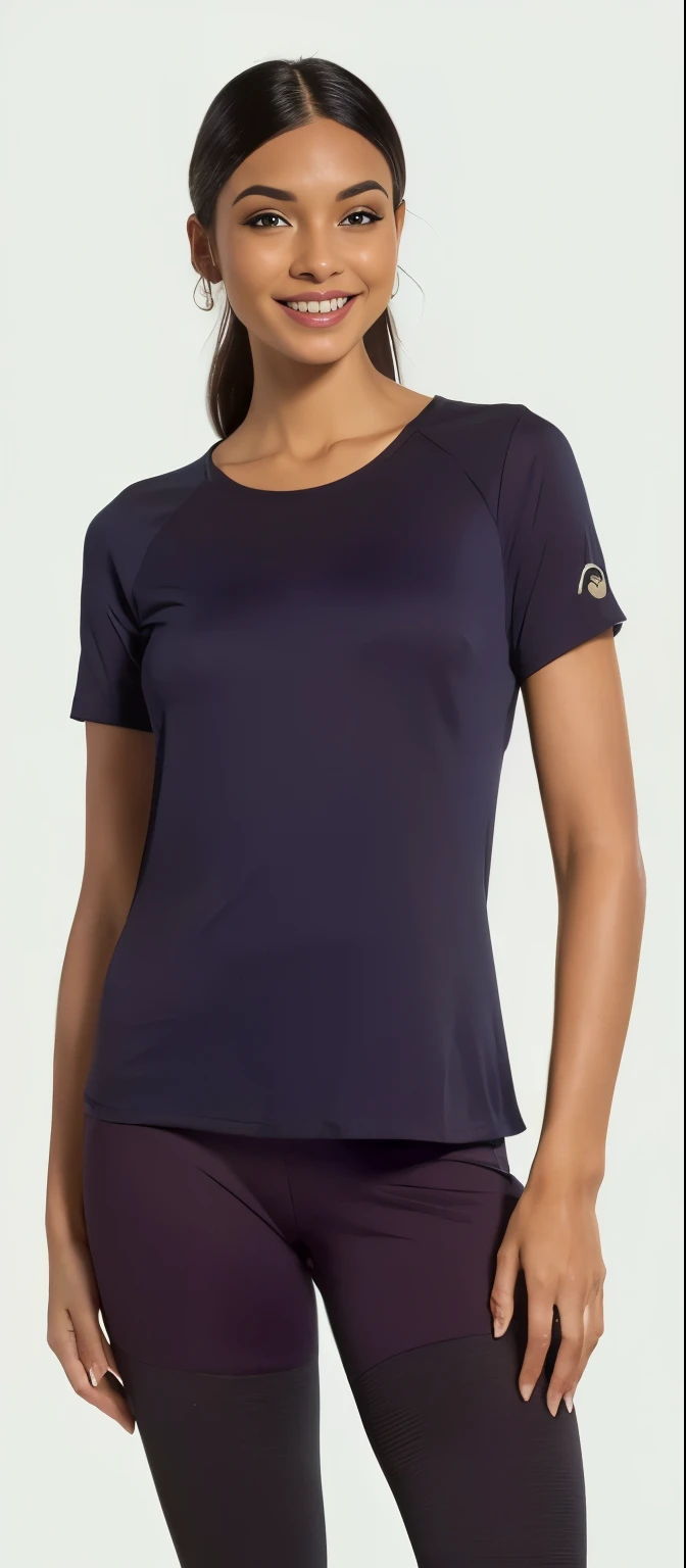 a woman in a top roxo and leggings smiles, violet coloured Camiseta, vestindo camiseta roxa, top roxo, roupas roxas escuras, roupas roxas, roupa roxa, Roupas roxas e pretas, camiseta, Manga curta, camiseta, Camiseta, regata apertada violeta, Visible upper body, camisa apertada, pele roxa escura, com ombreiras