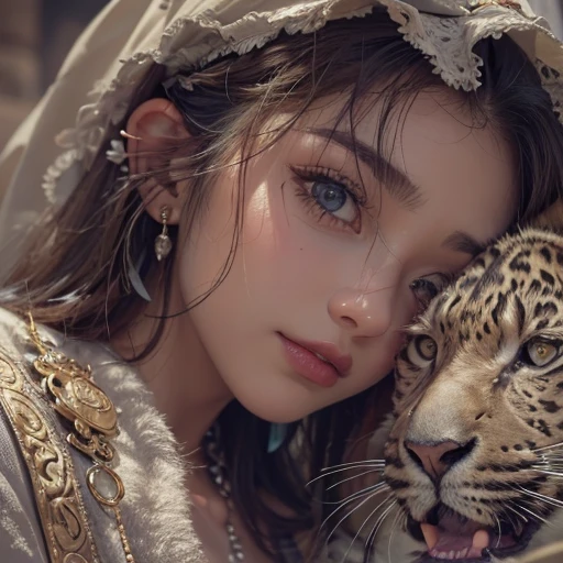 Hiding in the desert、Hair flow、 ((highest quality、masterpiece、8k、Best image quality、Ultra-high resolution、Award-winning works)、(Accurate ???????:1.1)、(Look at me and smile:1.1)、Shining fair skin with Ultra-high resolution、The most detailed face、Ultra-high resolution detailed face、Ultra-high resolution hair、(Ultra-high resolutionのeyes :1.1)、Beautiful face drawn in every detail、(Blurred Background:1.1)、Ancient Islamic clothing, Chest to chest, tattoo, Old ruins in the background、Black leopard 