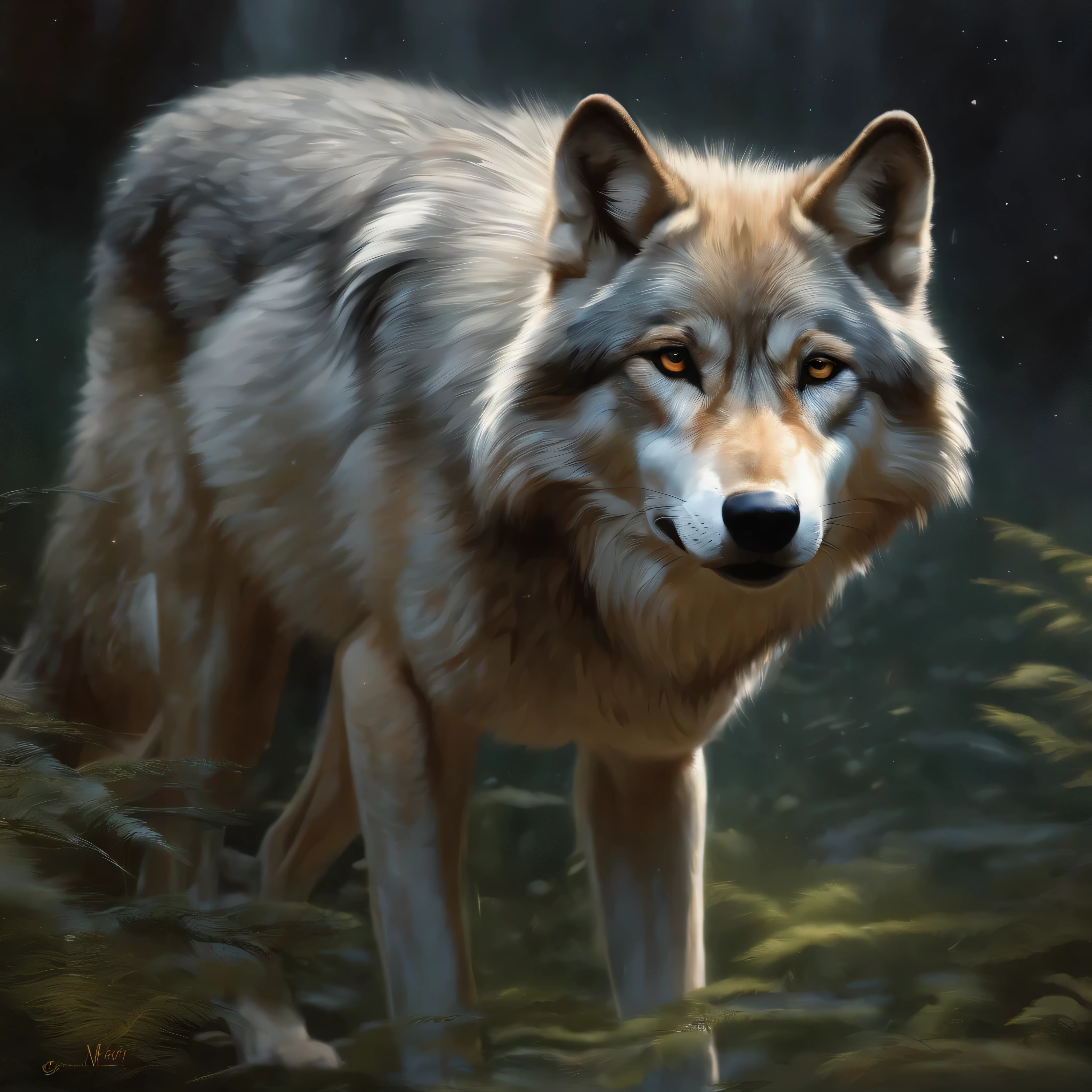 masutepiece, Best quality, ((Beautiful and delicate wolf)) (Very detailed CG unity 8K wallpaper), Professional majestic oil painting,author:Ed Brinkie, Attia Giron, by Ghibli Studio, Jeremy Mann, Greg Manchesa, Antonio Moro, Popular on artstation, Trending Mid Journey和Greg Rutkowski CG Society, twists, high detal, Clear focus, Dramatic, Realistic painting