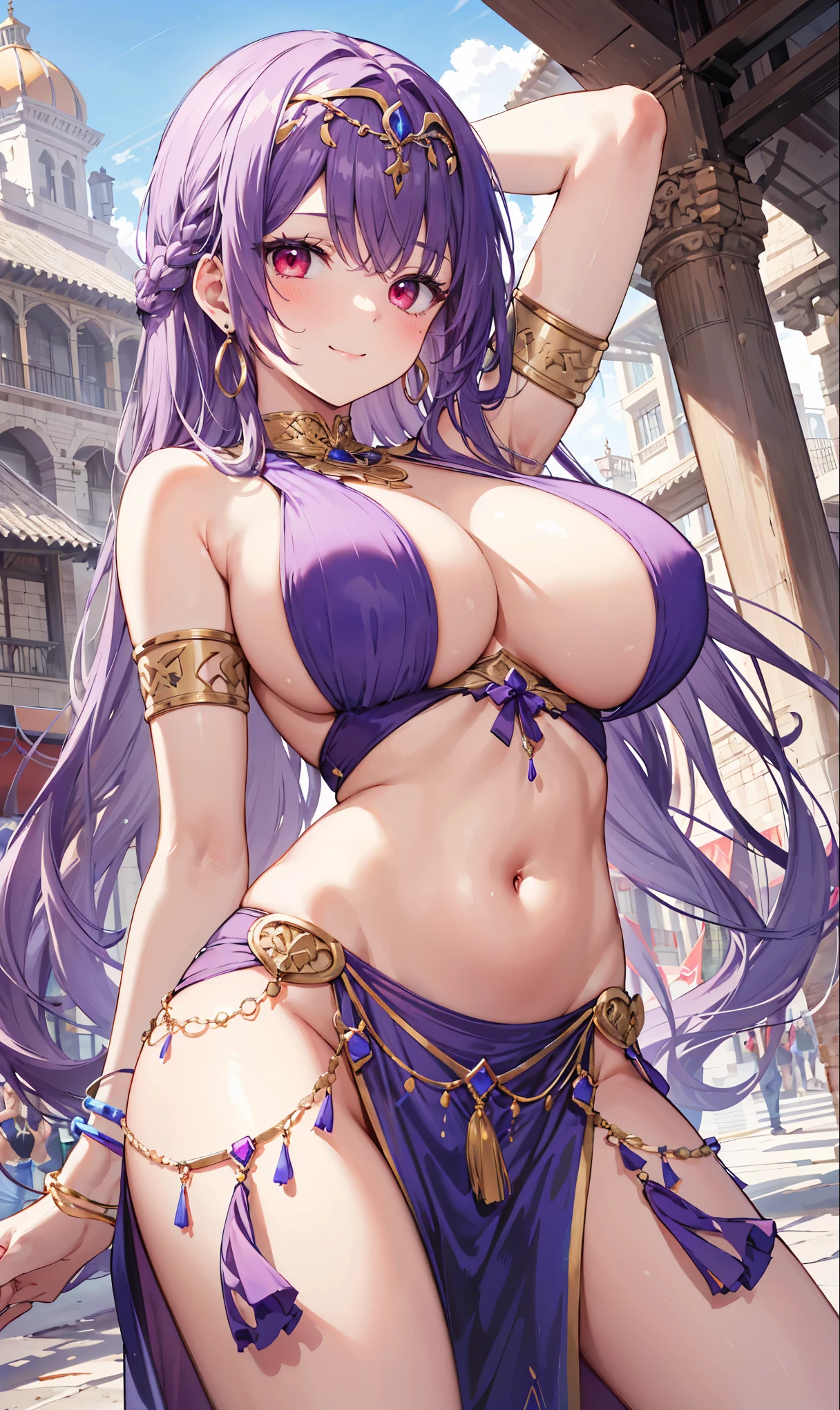 high quality, ultra detailed, best quality, insanely detailed, beautiful, masterpiece, 1girl, medieval plaza, cowboy shot, red eyes, long hair, purple hair, belly dancer, circlet, earrings, armlets, bracelets, bashful smile, large breasts, cleavage, soft stomach
